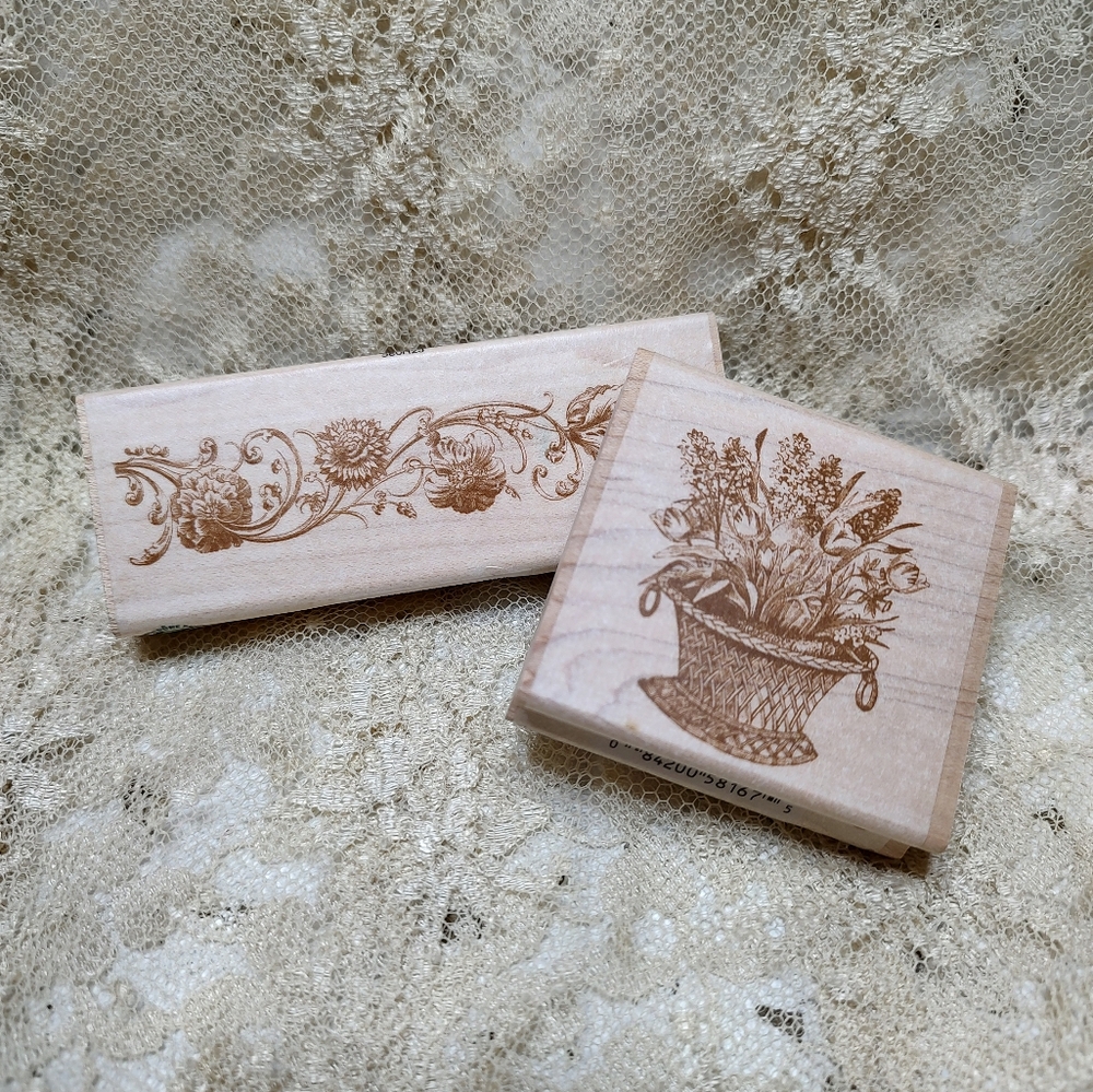 Anna Griffin Floral and Basket Design Wooden Rubber Stamps Set of 2
